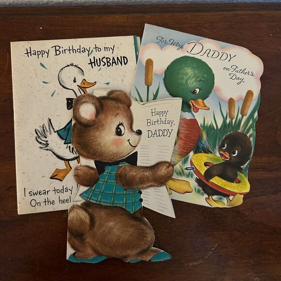 Trio Vintage 50s/60s Happy Birthday Dad Husband Fathers Day Duck Bear Used Ephem - Picture 1 of 11